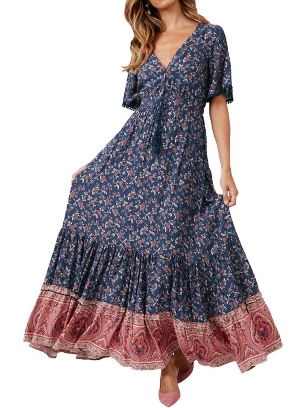 Floral Print Boho Midi Dress for Women - Summer V-Neck, Perfect for Casual